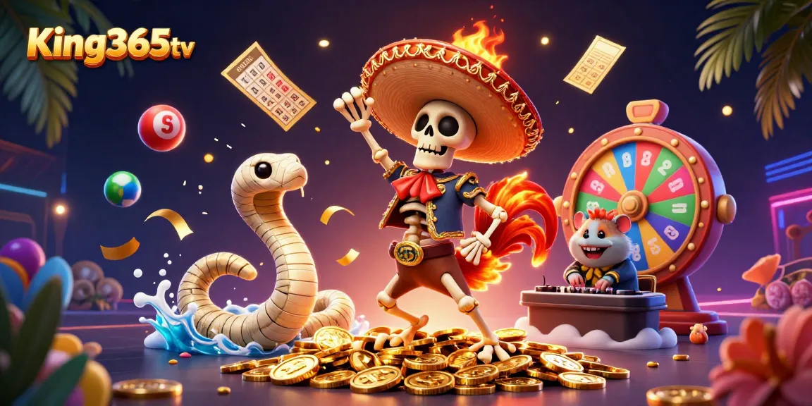Enjoy thrilling wins with King365tv as animated characters dance around vibrant casino games.