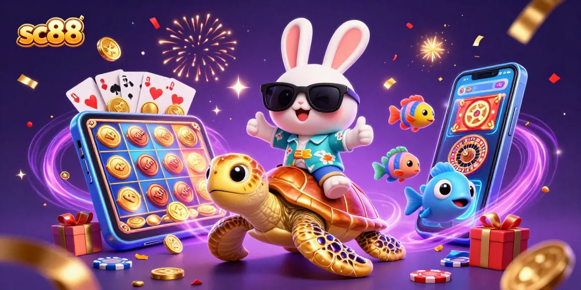 Experience sc88 excitement with a lucky rabbit and golden turtle in a vibrant casino scene.