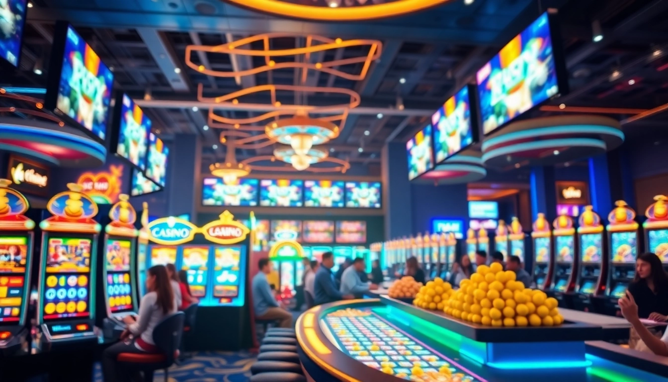 Jouer à casino en ligne avec des machines à sous colorées et des tables animées.