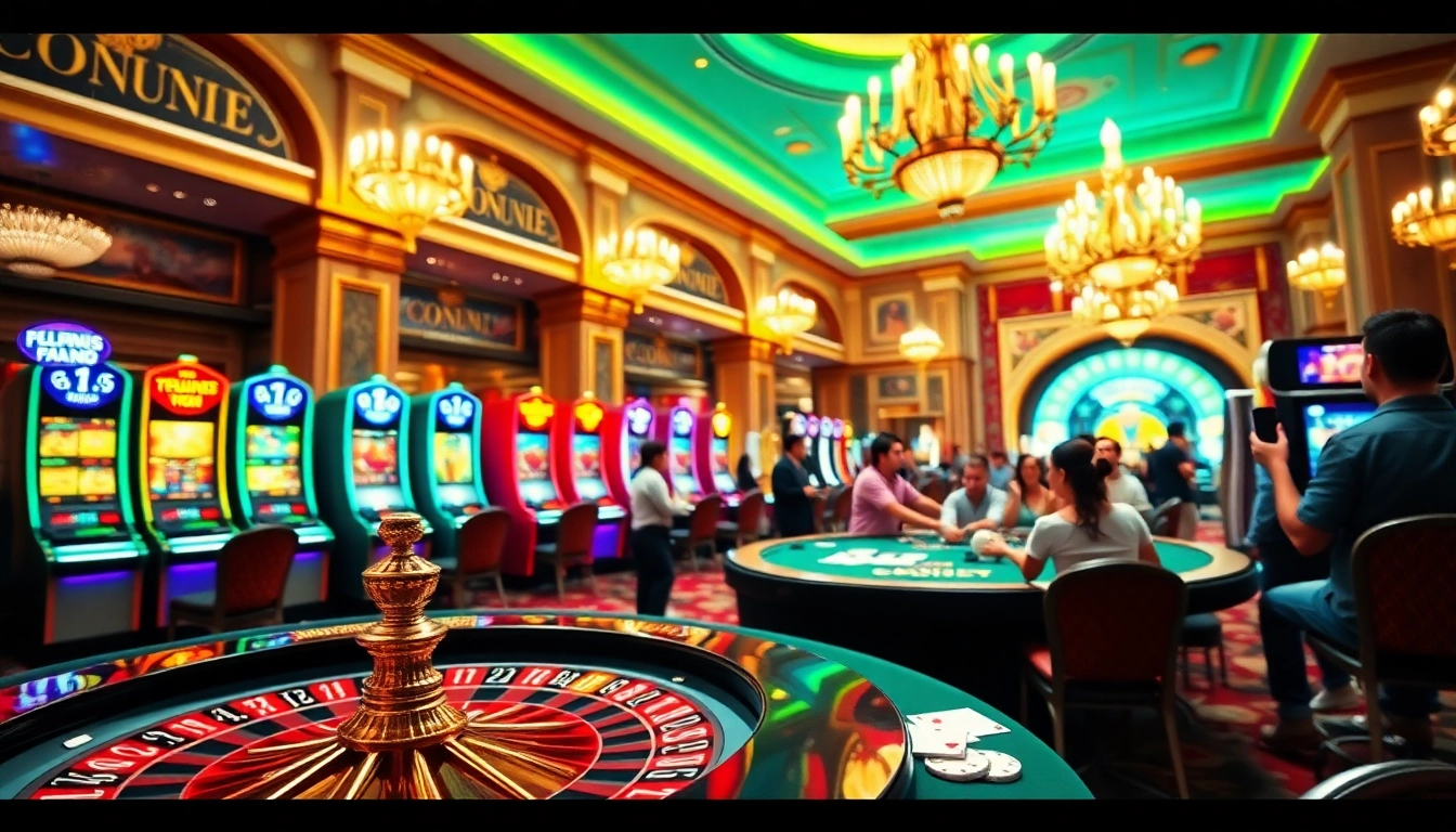 Casino en ligne retrait immédiat avec une ambiance dynamique et festive, illustrant des joueurs enthousiastes.