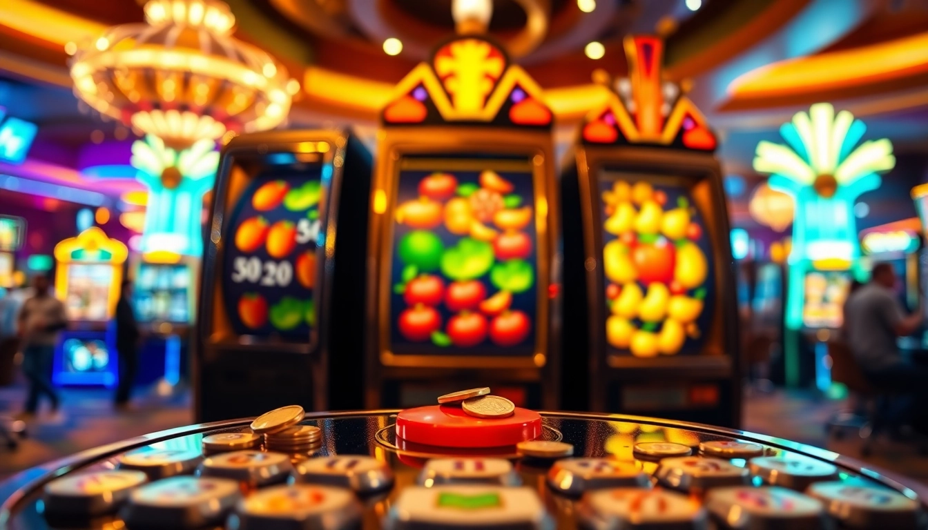 Jouer à la machine à sous casino avec des lumières scintillantes et des pièces dorées. related image