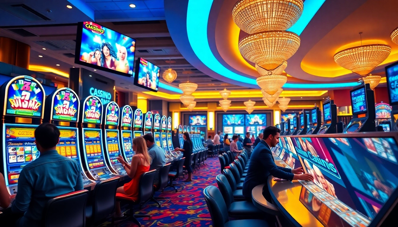 Jouer à casino en ligne avec des machines à sous colorées et des tables animées. related image