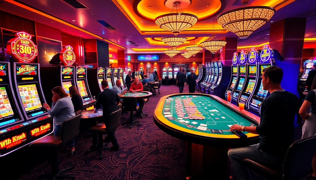 Joueurs amusants dans un casino en ligne avec des machines à sous et des tables de jeux.