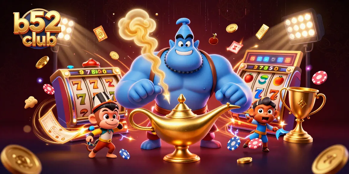 B52 Club slot game action featuring cartoon genie, monkey, and vibrant casino elements.