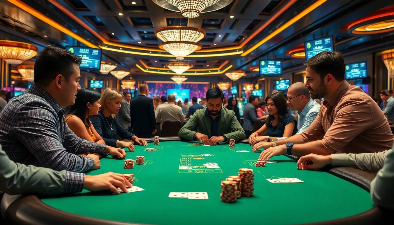 Jouant au poker en ligne avec des joueurs divers dans un casino vibrant.