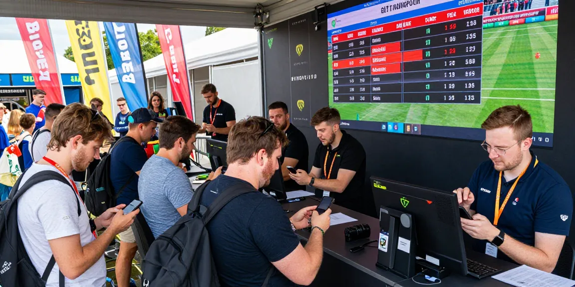 Scène dynamique de paris sportifs en plein air avec bookmakers sans limite de mise et un public engagé.