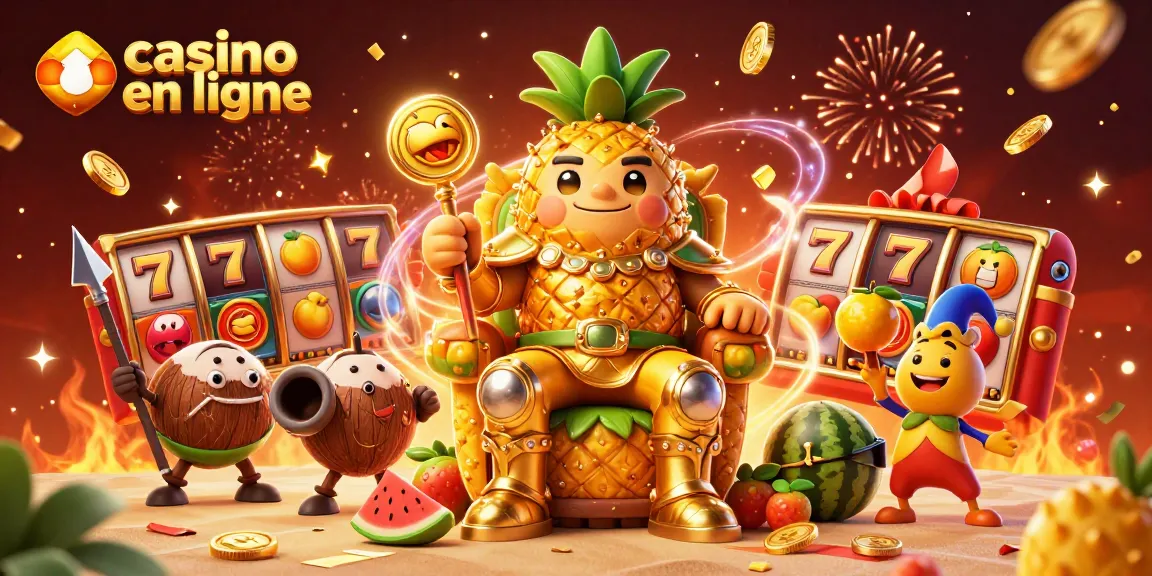 Jouez au casino en ligne avec une scène festive de roi tropical entouré de jeux et de symboles chanceux.