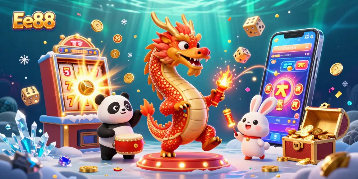 Experience the excitement of Ee88 with a dynamic 3D casino scene featuring vibrant characters, jackpot slot machines, and festive decorations.