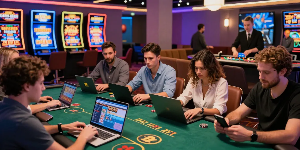 Une scène de casino en ligne avec des joueurs engagés sur des ordinateurs et smartphones, illuminée par des lumières colorées et une ambiance dynamique.