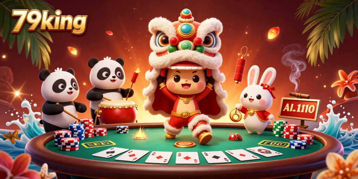 Experience the vibrant energy of 79king with a lively casino scene featuring lion dancers and poker elements.