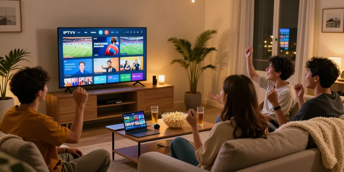 Abonnement IPTV avec amis dans un salon, regardant des événements sportifs en direct.