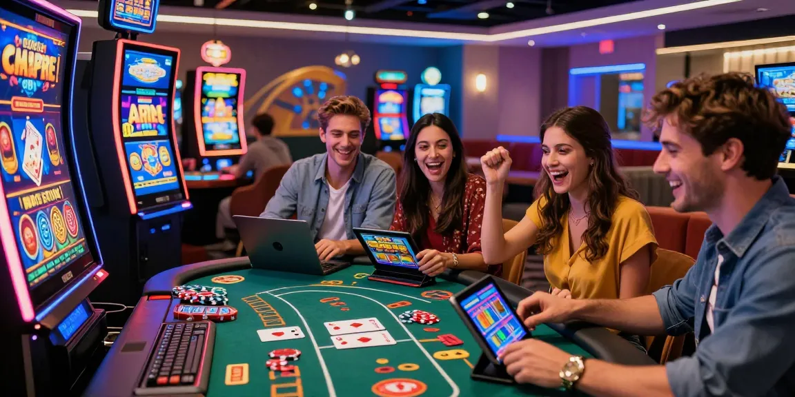Groupe d'amis jouant à des jeux de casino en ligne, ambiance excitante avec lumières néon.