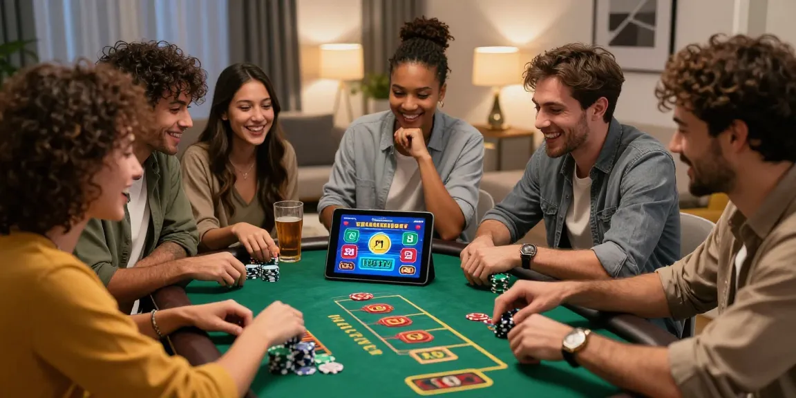 Expérience de jeux sur un casino en ligne légal en France avec des amis réunis autour d'une tablette, ambiance joyeuse et moderne.