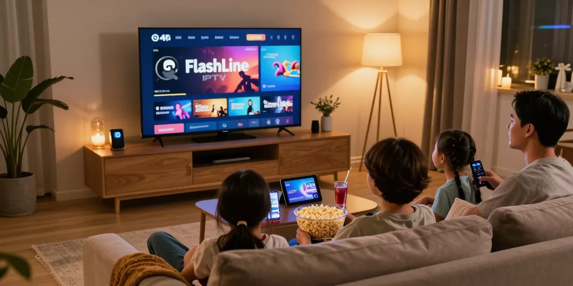 Profitez d'une soirée cinéma avec un abonnement IPTV, famille réunie devant un écran 4K, ambiance chaleureuse