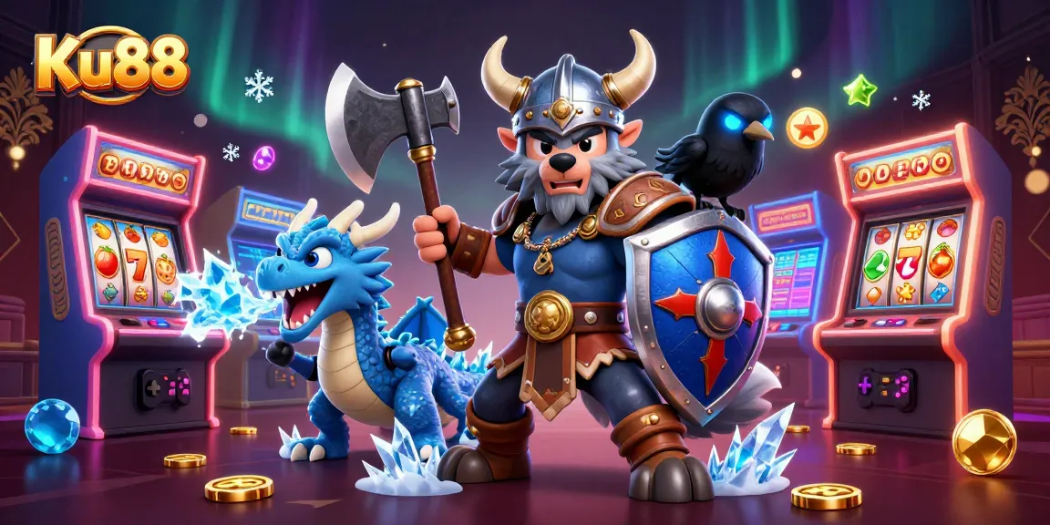 Experience Ku88’s thrilling slot games with a Viking warrior, dragon, and vibrant casino elements.