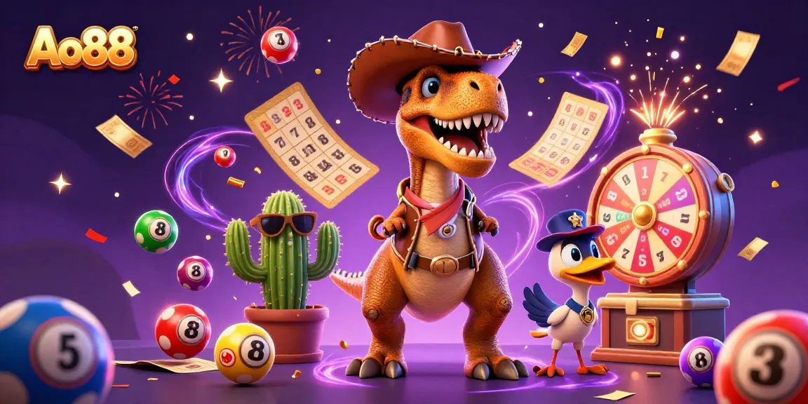 Ao88 delivers thrilling gaming with a vibrant casino scene featuring a T-Rex, cactus, and roadrunner.