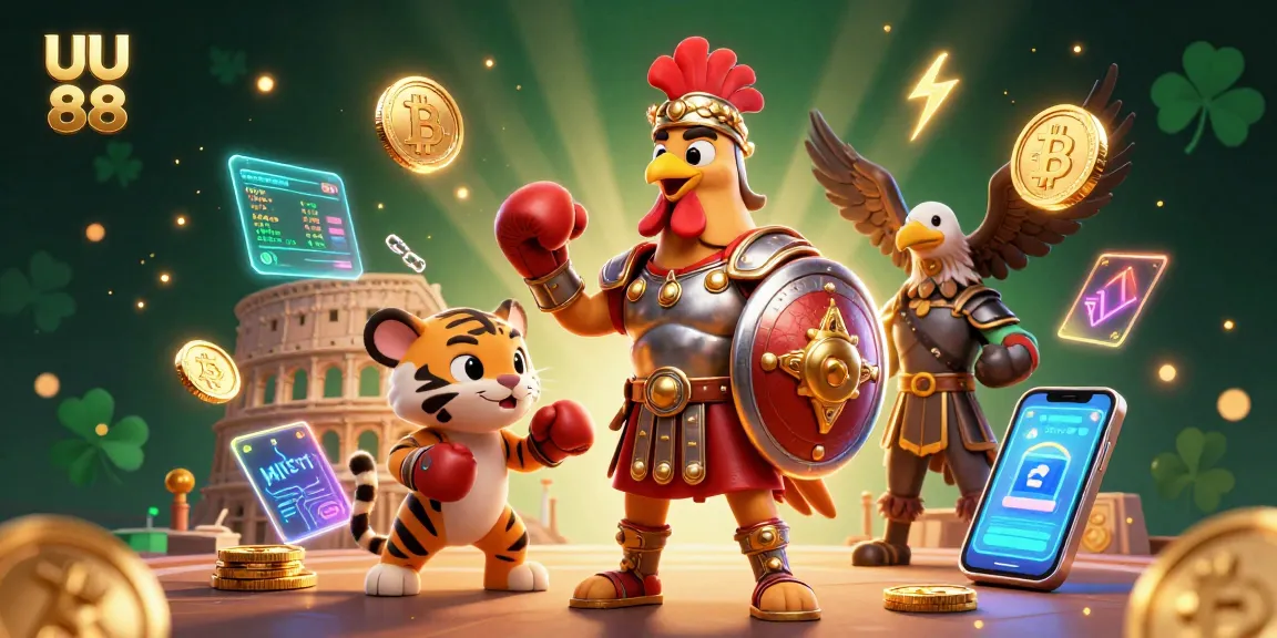 Join the fun at UU 88 with an exciting 3D casino scene featuring a gladiator rooster and tiger cub.