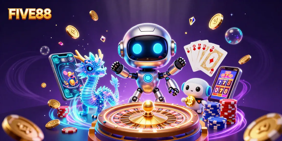 Engage in exciting gameplay at FIVE88 with a cyberpunk-themed casino illustration featuring winning symbols.