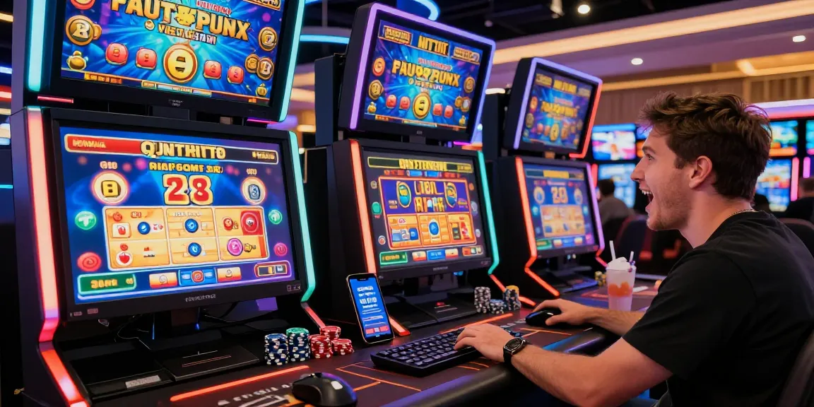 Joueur enthousiaste profitant d'un casino en ligne avec des jeux colorés et une ambiance dynamique.