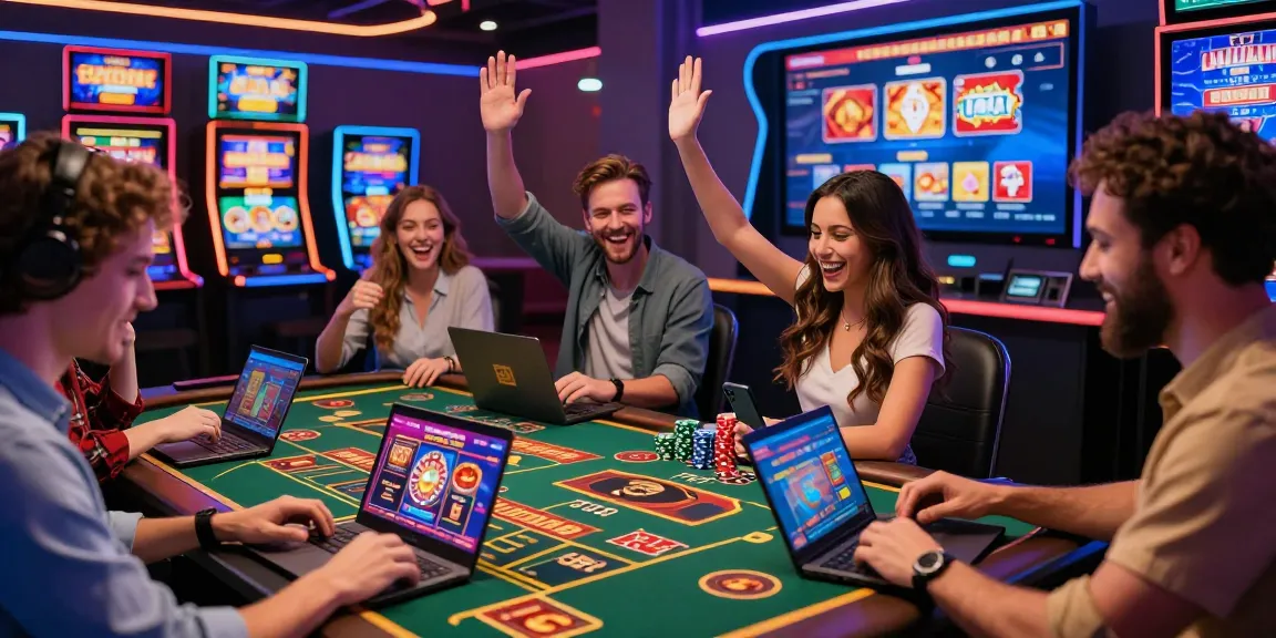 Les joueurs s'éclatent sur un casino en ligne, célébrant leurs gains sur des jeux variés avec l'atmosphère festive.