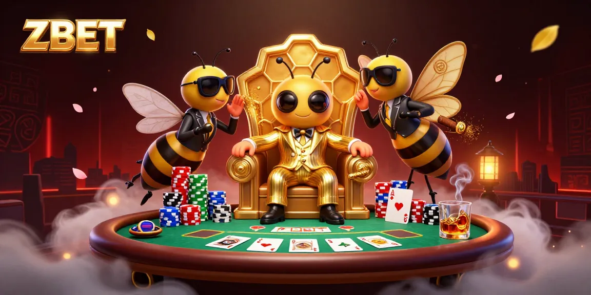 ZBET artwork showcasing a bumblebee mob boss at a poker table, surrounded by vibrant casino elements.