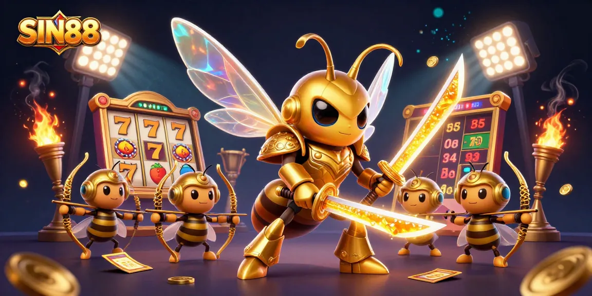 SIN88 showcases a dynamic casino scene with a hornet warrior and archers amid slot reels and golden coins.