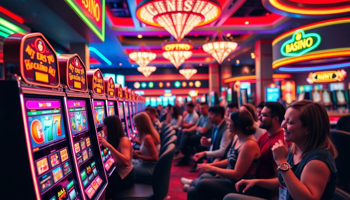 Les joueurs dans un casino en ligne jouent aux machines à sous lumineuses et colorées.