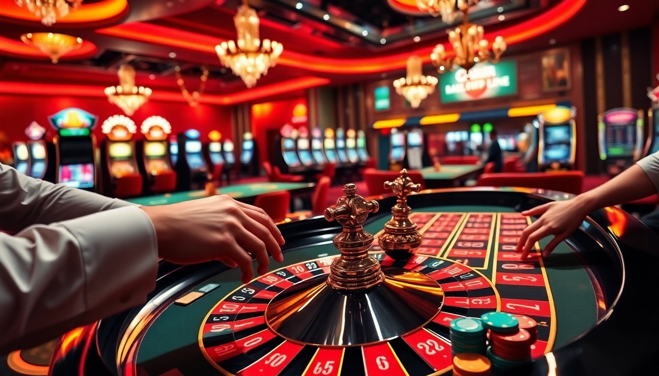 Vibrant scene of players enjoying casino en ligne at roulette table, capturing excitement and engagement.