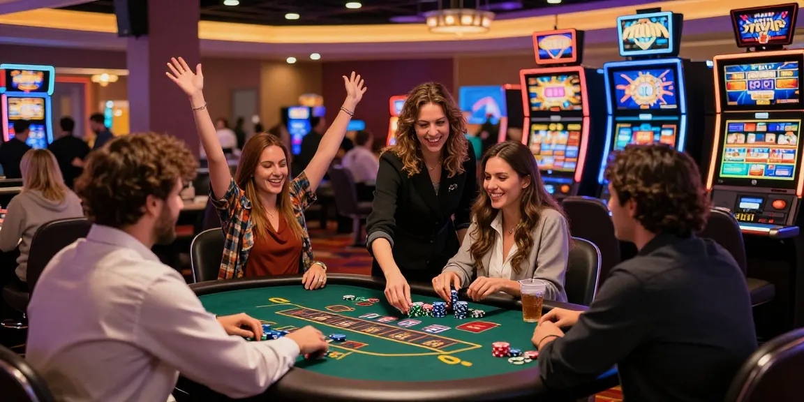 Scène de casino en ligne avec des joueurs célébrant des gains sur machines à sous et blackjack, ambiance animée et accueillante.