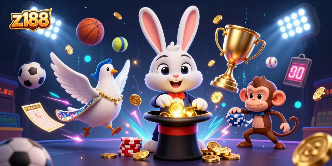 Experience the magic of z188 with lively casino elements, as the magician rabbit pulls coins amidst a dynamic gaming scene.