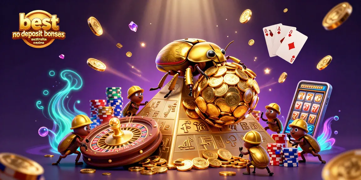 Explore the stunning scene showcasing the best no deposit bonuses australia casino with winning beetles and casino elements.