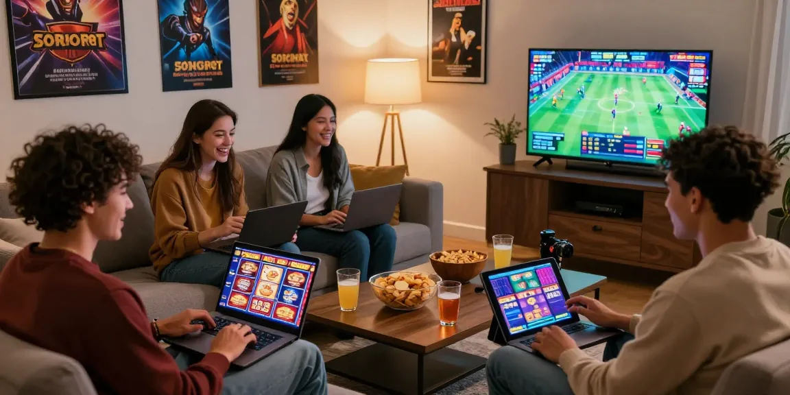 Groupe d'amis jouant à des jeux de casino en ligne dans un salon confortable, avec des appareils affichant des jeux captivants.