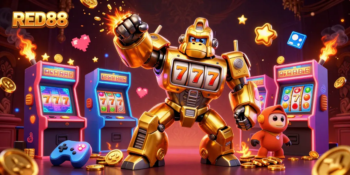 Engage with RED88's exhilarating gaming scene featuring a mechanical gorilla mech with slot machine parts.