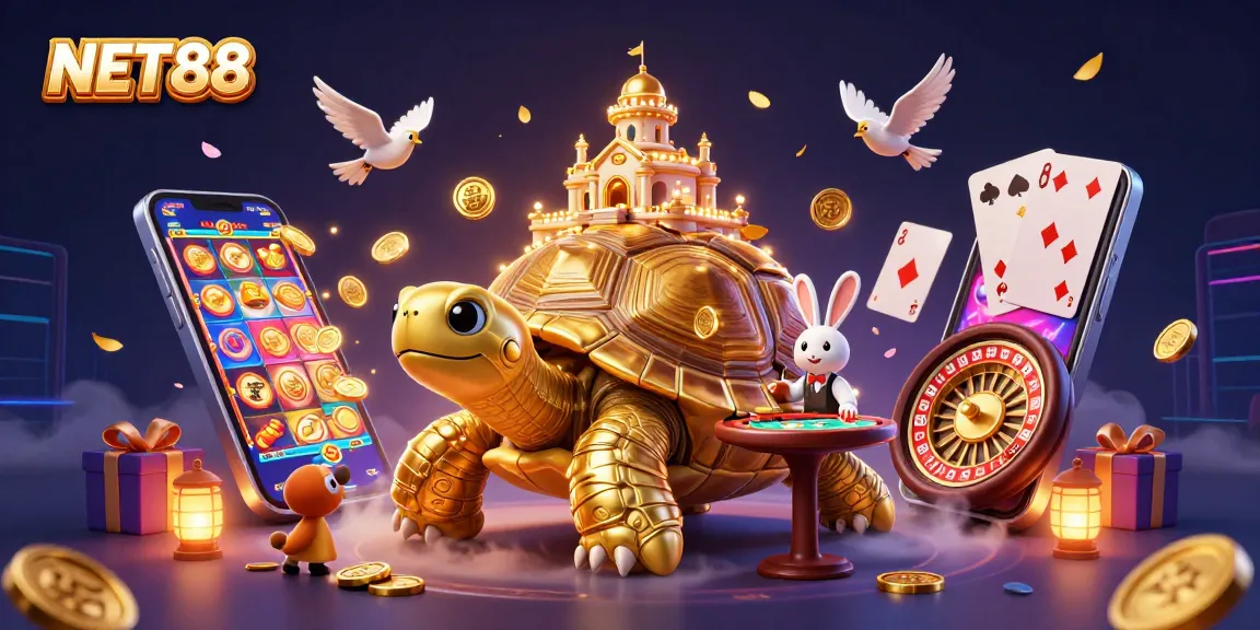Engage with the thrilling NET88 casino scene featuring a golden tortoise, rabbit dealer, and dynamic gaming elements.