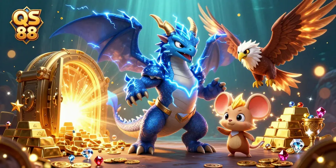Spin and win with QS 88 in a vibrant 3D casino illustration featuring thrilling games and treasures.