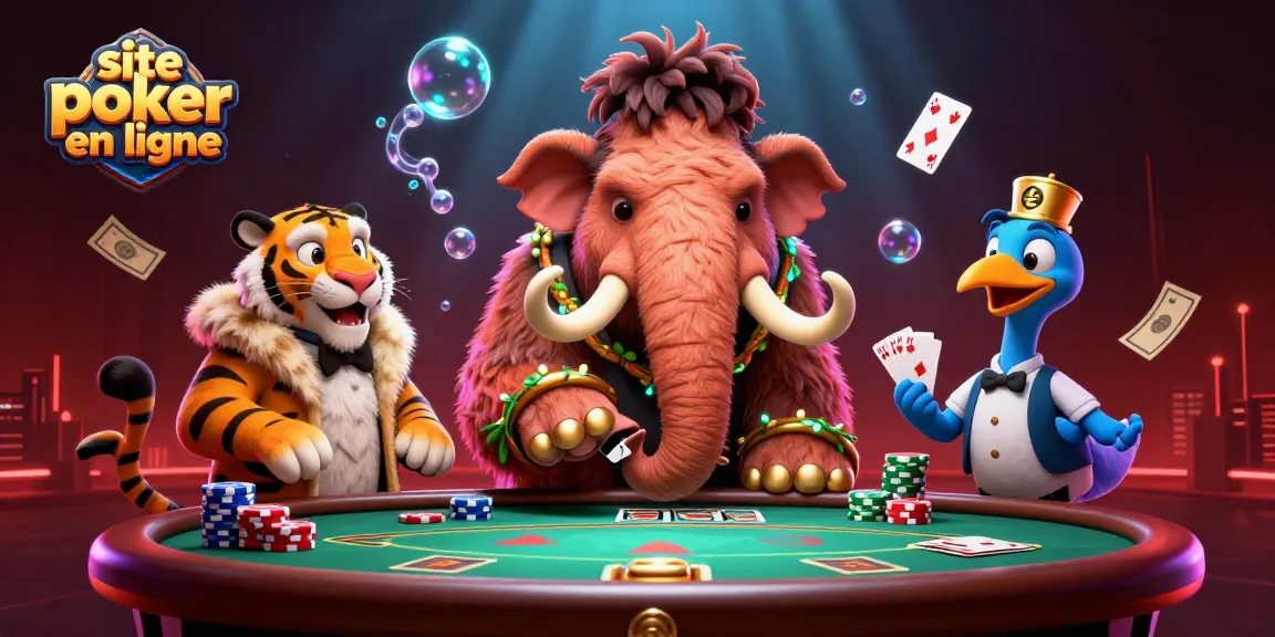 Une illustration dynamique représentant un site poker en ligne avec un mammouth et une ambiance riche en éléments de jeux de cartes.