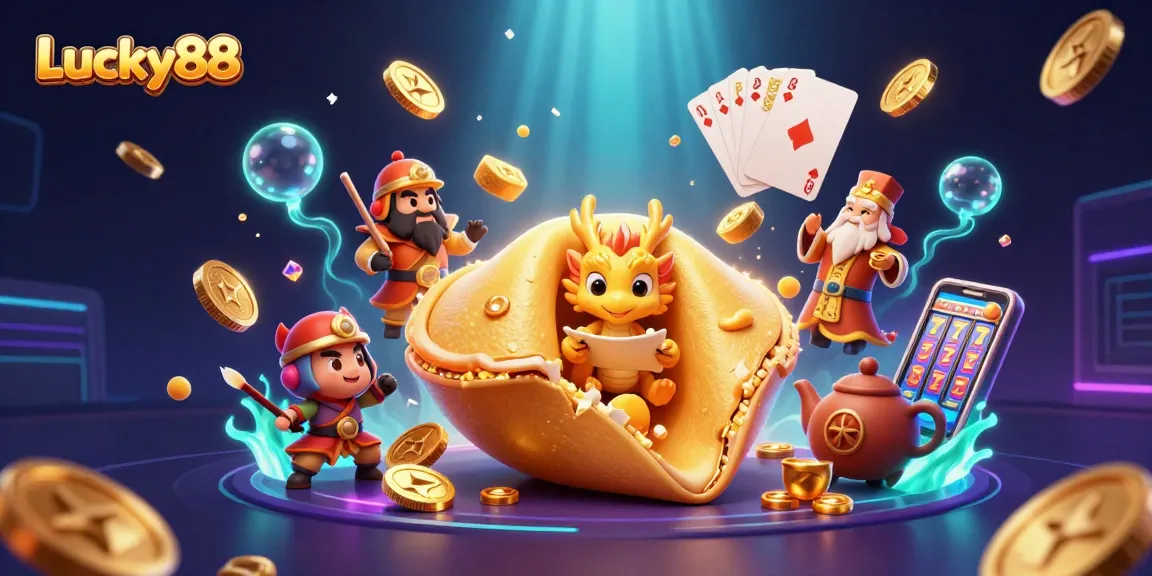 Lucky88 spins fortune and gold in a lively casino scene featuring a giant fortune cookie and colorful elements.
