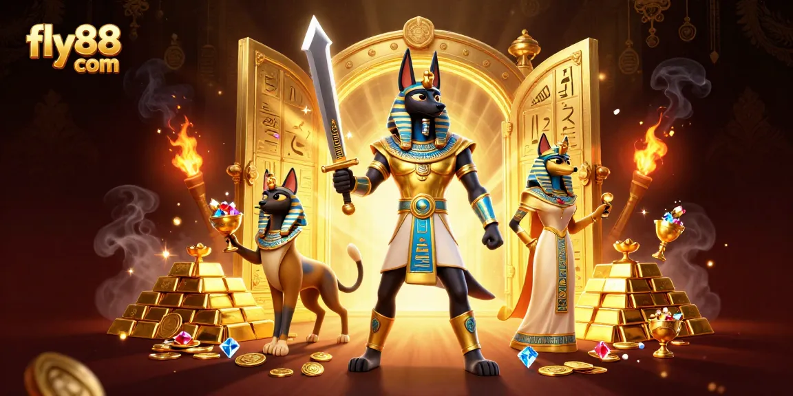 Experience winning strategies at fly88 com with 3D characters amidst gold treasures and gaming elements.