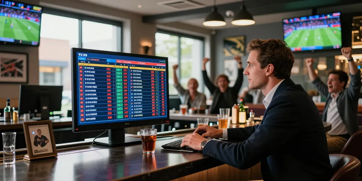Ambiance de paris sportifs, bookmaker sans limite de mise avec analyste devant écran d'affichage des cotes.