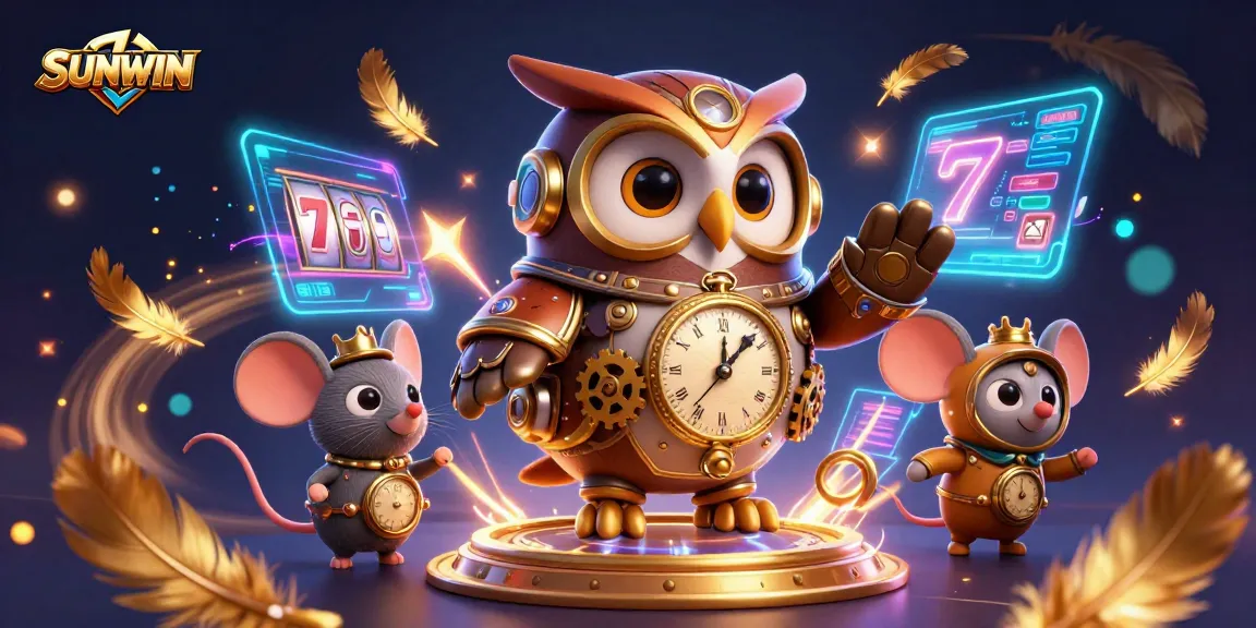 SUNWIN ignites excitement in this dynamic, animated 3D casino scene featuring an owl and gaming elements.