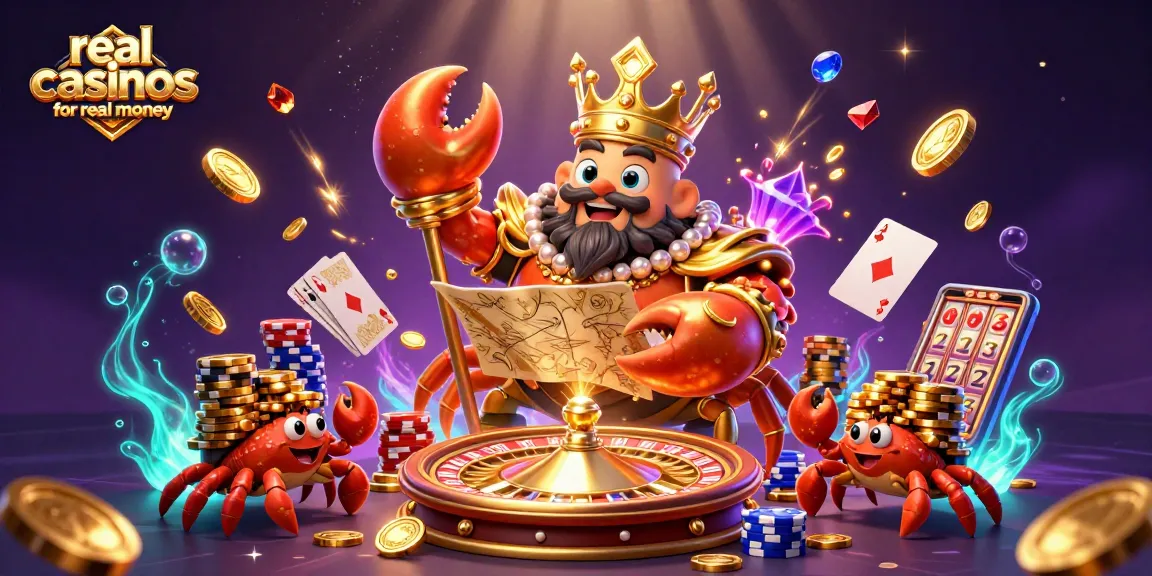 Experience real casinos for real money with a golden crab emperor and treasure-filled underwater scene.