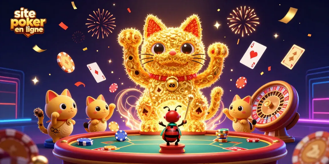 Découvrez le site poker en ligne avec des personnages animés entourés d'éléments de jeu captivants.
