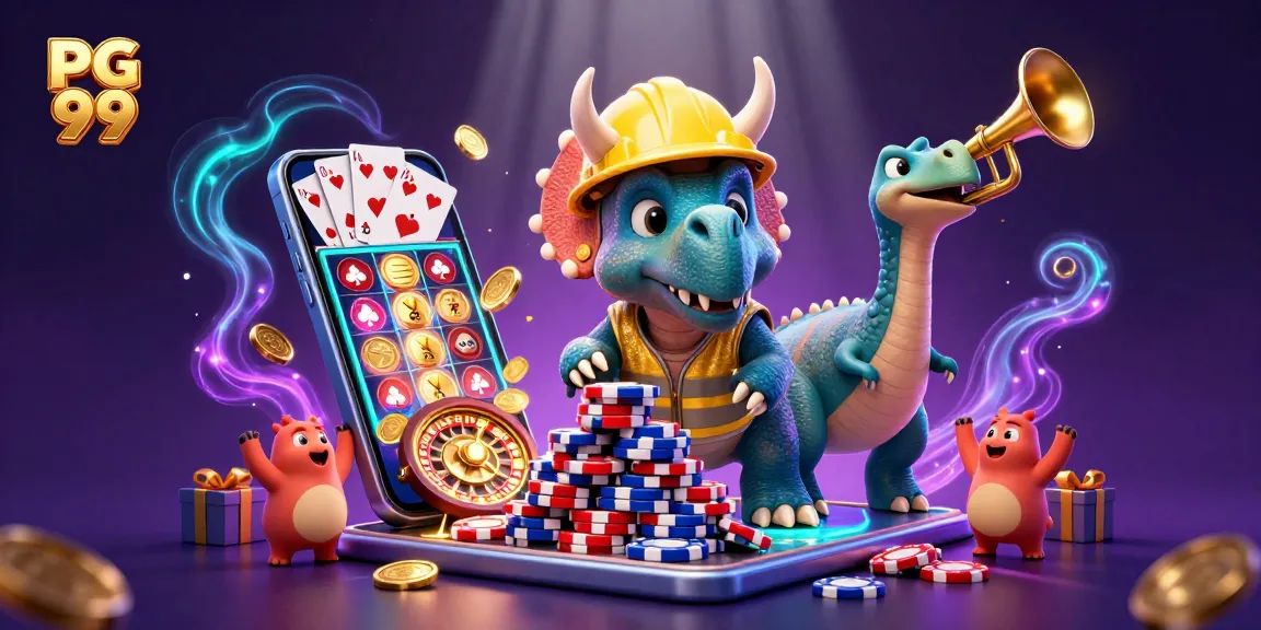 Experience the excitement at PG 99 with vibrant characters celebrating as they build poker chip towers.