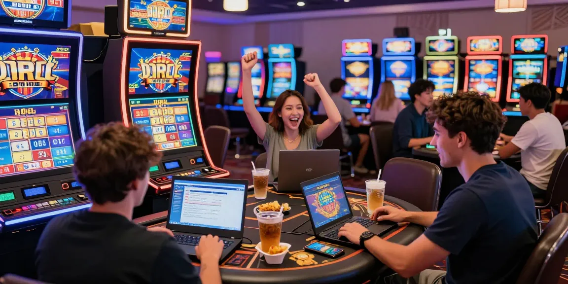 Joueurs en ligne profitant de l'expérience casino en ligne avec des machines lumineuses et ambiance festive.