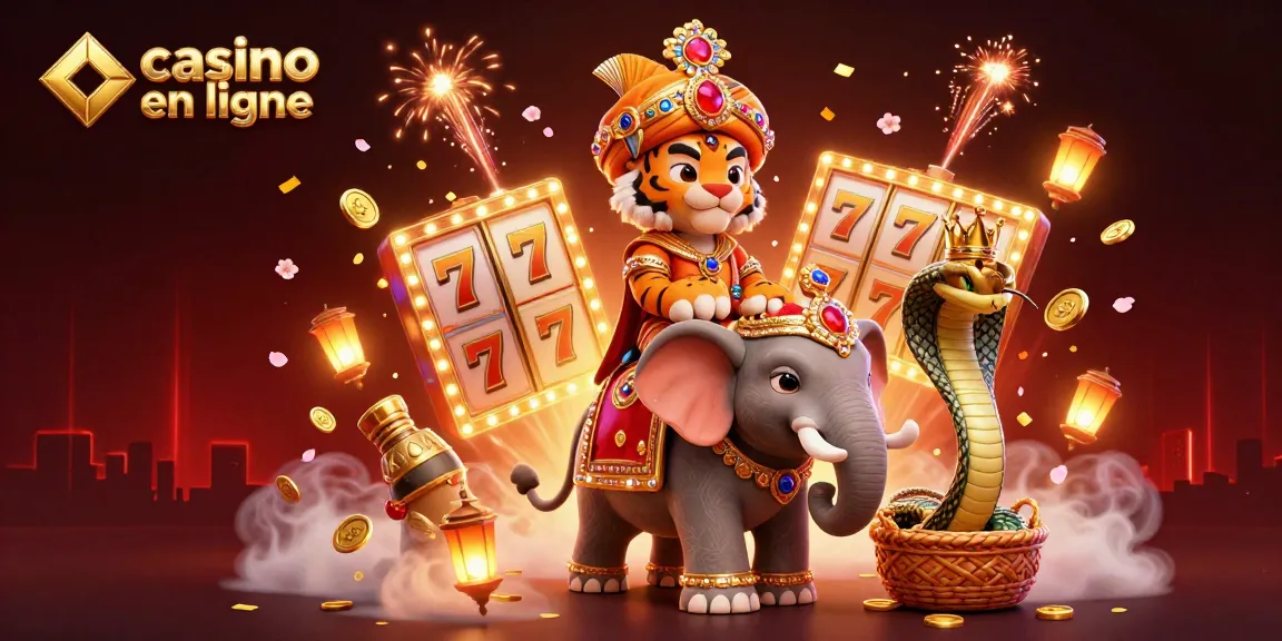 Jouer dans un casino en ligne : illustration 3D captivante avec un tigre maharaja, un éléphant et des éléments de jeu.