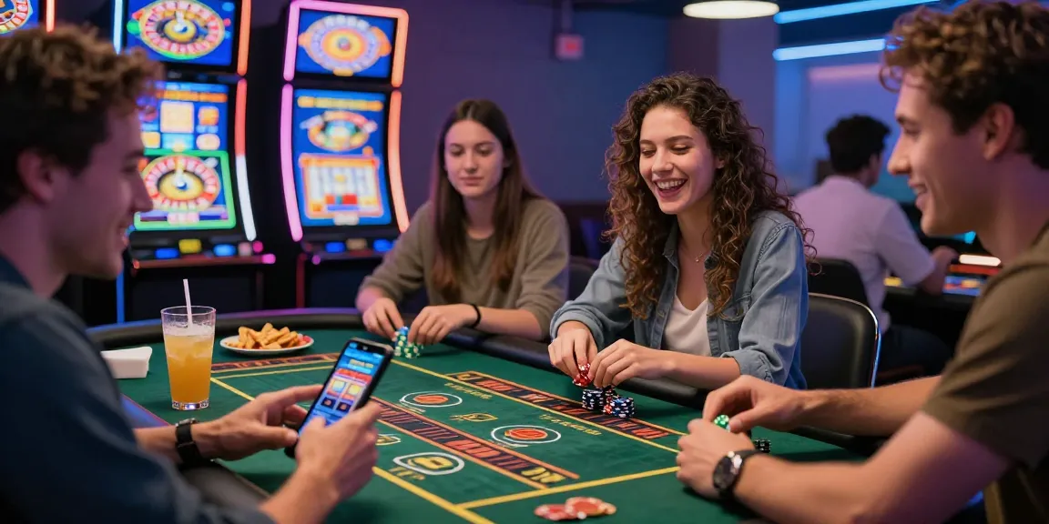 Groupe d'amis jouant à des jeux de casino en ligne avec enthousiasme, ambiance moderne et festive.