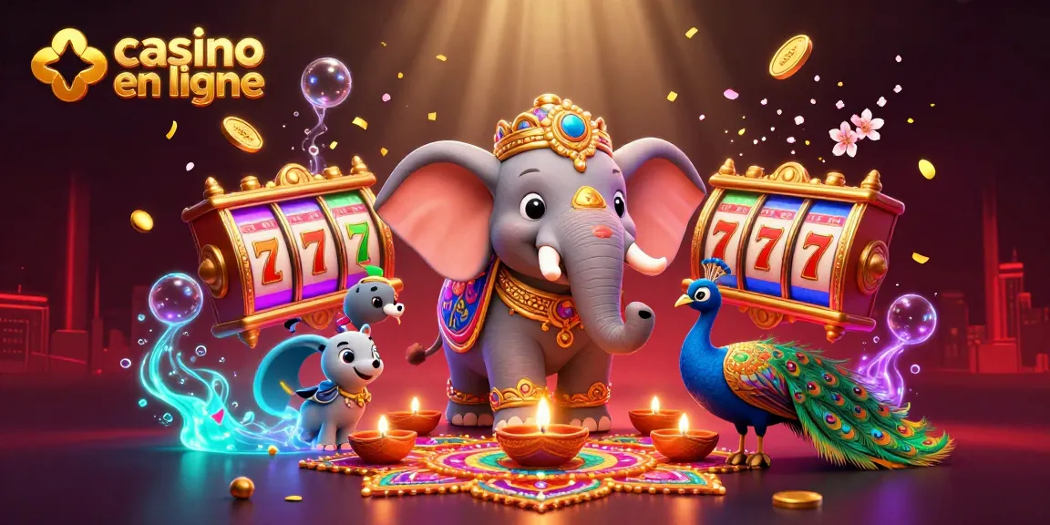 Jouez au casino en ligne avec l'éléphant festif et des éléments de machine à sous vibrants.