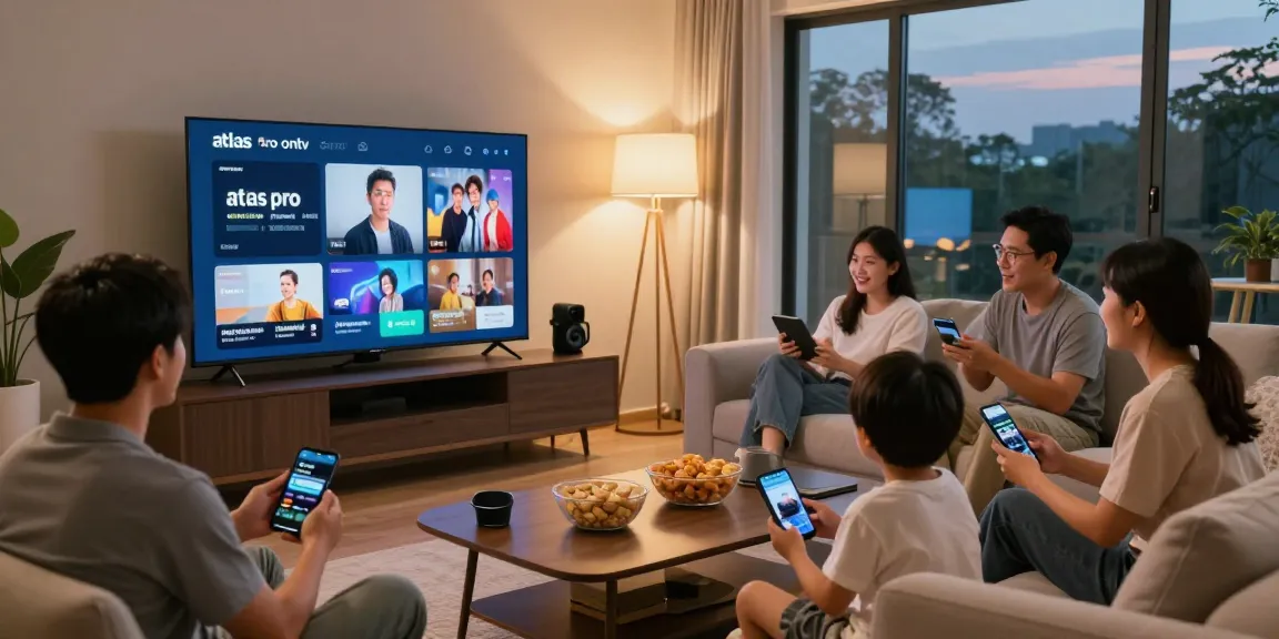 L'expérience familiale avec atlas pro ontv en streaming sur Smart TV dans un salon moderne.