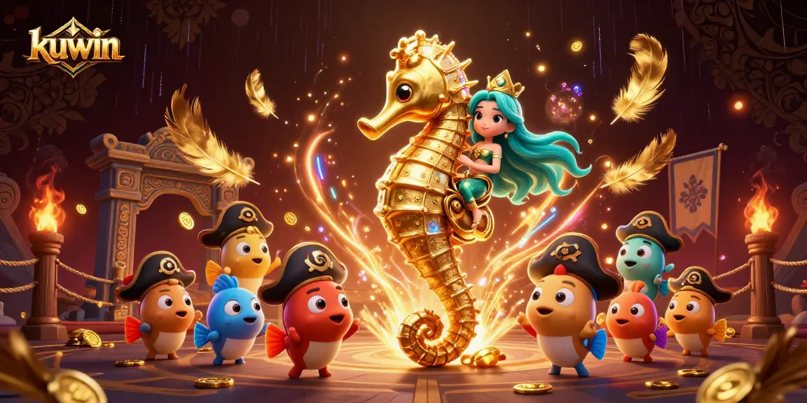 Kuwin brings excitement with a vibrant 3D scene featuring a mermaid princess and her seahorse in a dynamic casino setting.