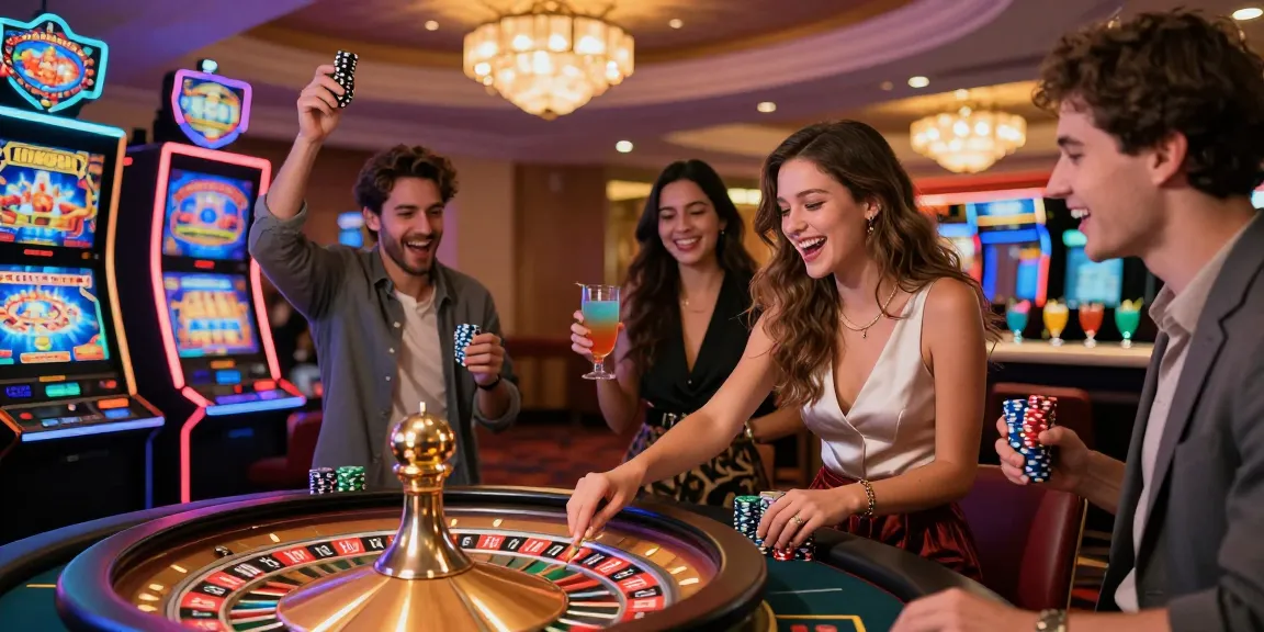 Scène de casino en ligne avec des amis profitant d'une soirée de jeux animée, ambiance festive.